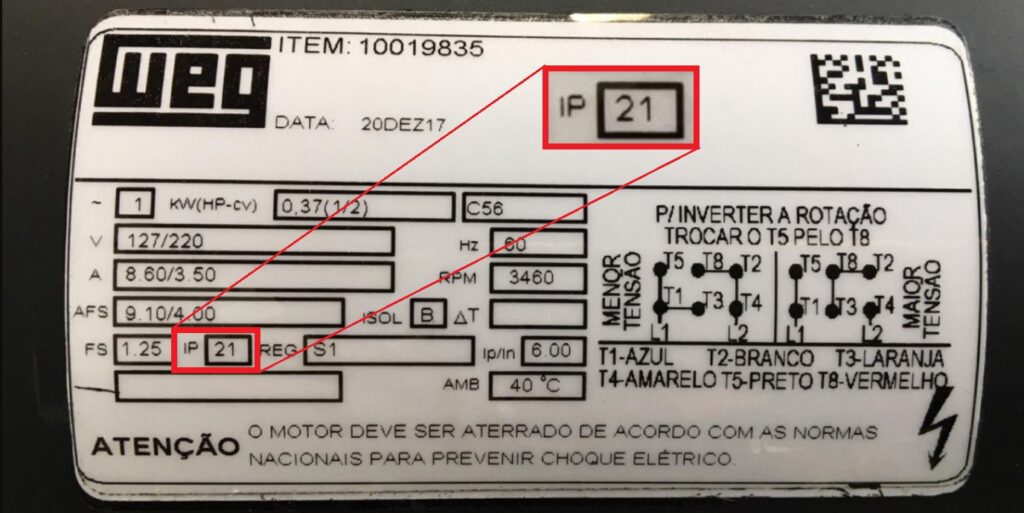 Placa de informações do motor WEG monofásico