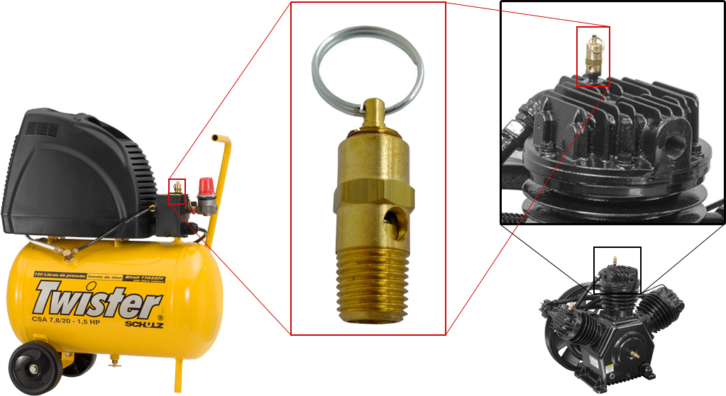 Localização da válvula de segurança no compressor.